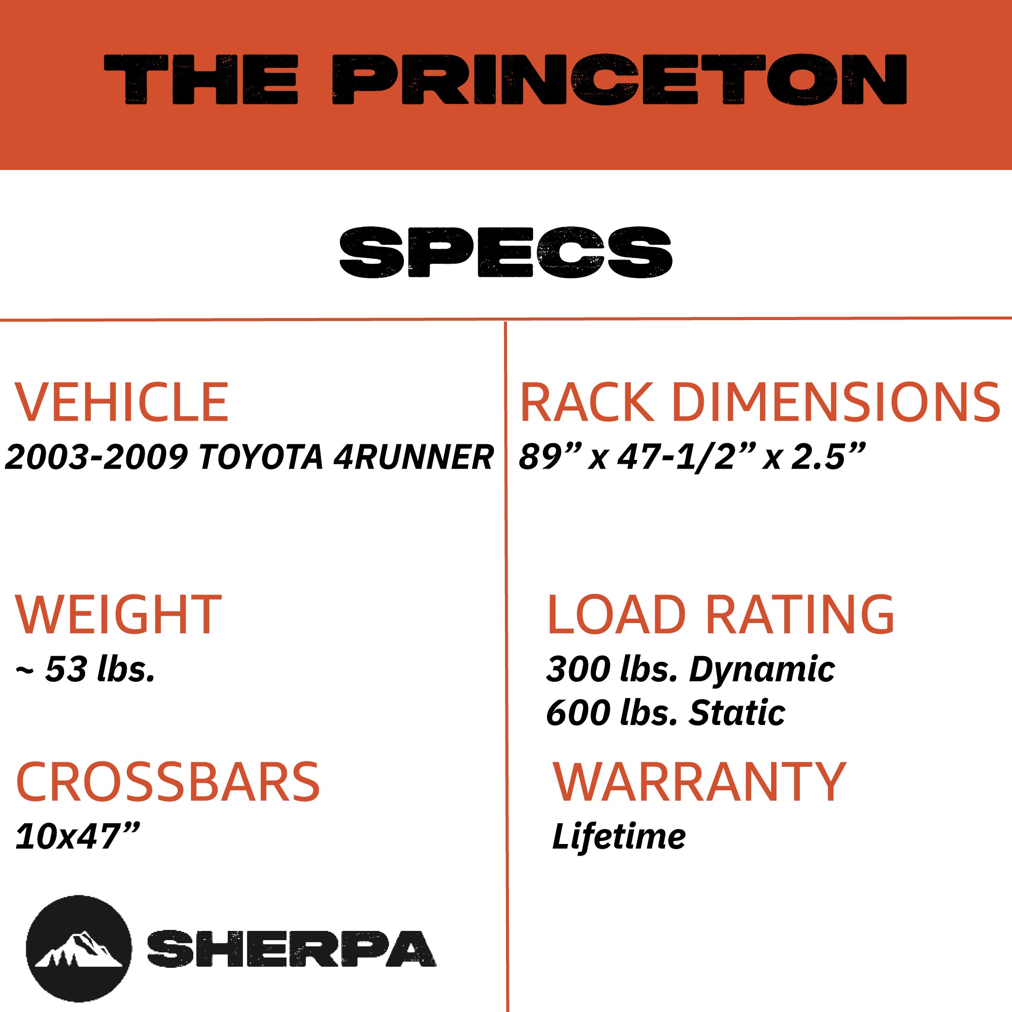 Sherpa - The Princeton Full Height Aluminum Roof Rack with Crossbars Made for 2003-2009 Toyota 4Runner - Drill Free Rack for Tents; Kayaks; Bikes; Skis Made in the USA