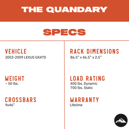 Sherpa - The Quandary Half Height/Single Row Light Aluminum Roof Rack with Crossbars Made for 2003-2009 Lexus GX470  - Drill Free Rack for Tents; Kayaks; Bikes; Skis Made in the USA