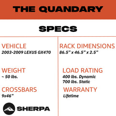 Sherpa -The Quandary Full Height Aluminum Roof Rack with Crossbars Made for 2003-2009 Lexus GX470  - Drill Free Rack for Tents; Kayaks; Bikes; Skis Made in the USA