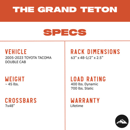 Sherpa - The Grand Teton Full Height Aluminum Roof Rack with Crossbars Made for 2005-2023 Toyota Tacoma Double Cab - Drill Free Rack for Tents; Kayaks; Bikes; Skis Made in the USA