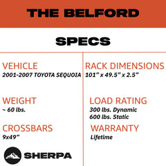 Sherpa - The Belford Full Height Aluminum Roof Rack with Crossbars Made for 2001-20007 Toyota Sequoia - Drill Free Rack for Tents; Kayaks; Bikes; Skis Made in the USA