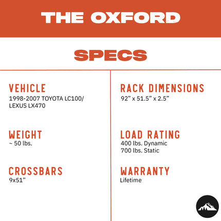 Sherpa -The Oxford Full Height Aluminum Roof Rack with Crossbars Made for 1998-2007 Toyota LC100 & Lexus LX470 - Drill Free Rack for Tents; Kayaks; Bikes; Skis Made in the USA