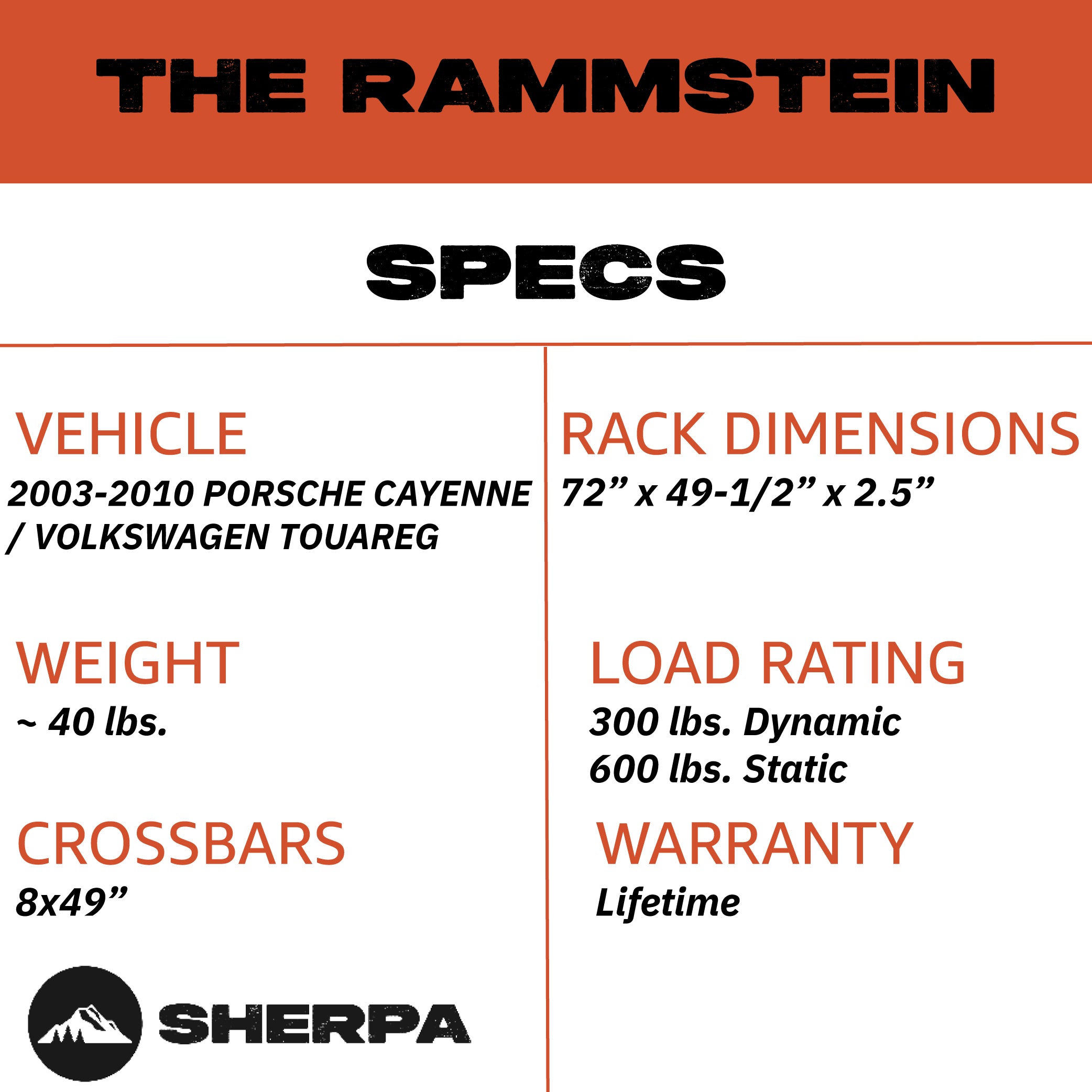 Sherpa -The Rammstein Full Height Aluminum Roof Rack with Crossbars Made for 2003-2010 Cayenne & Touareg - Drill Free Rack for Tents; Kayaks; Bikes; Skis Made in the USA