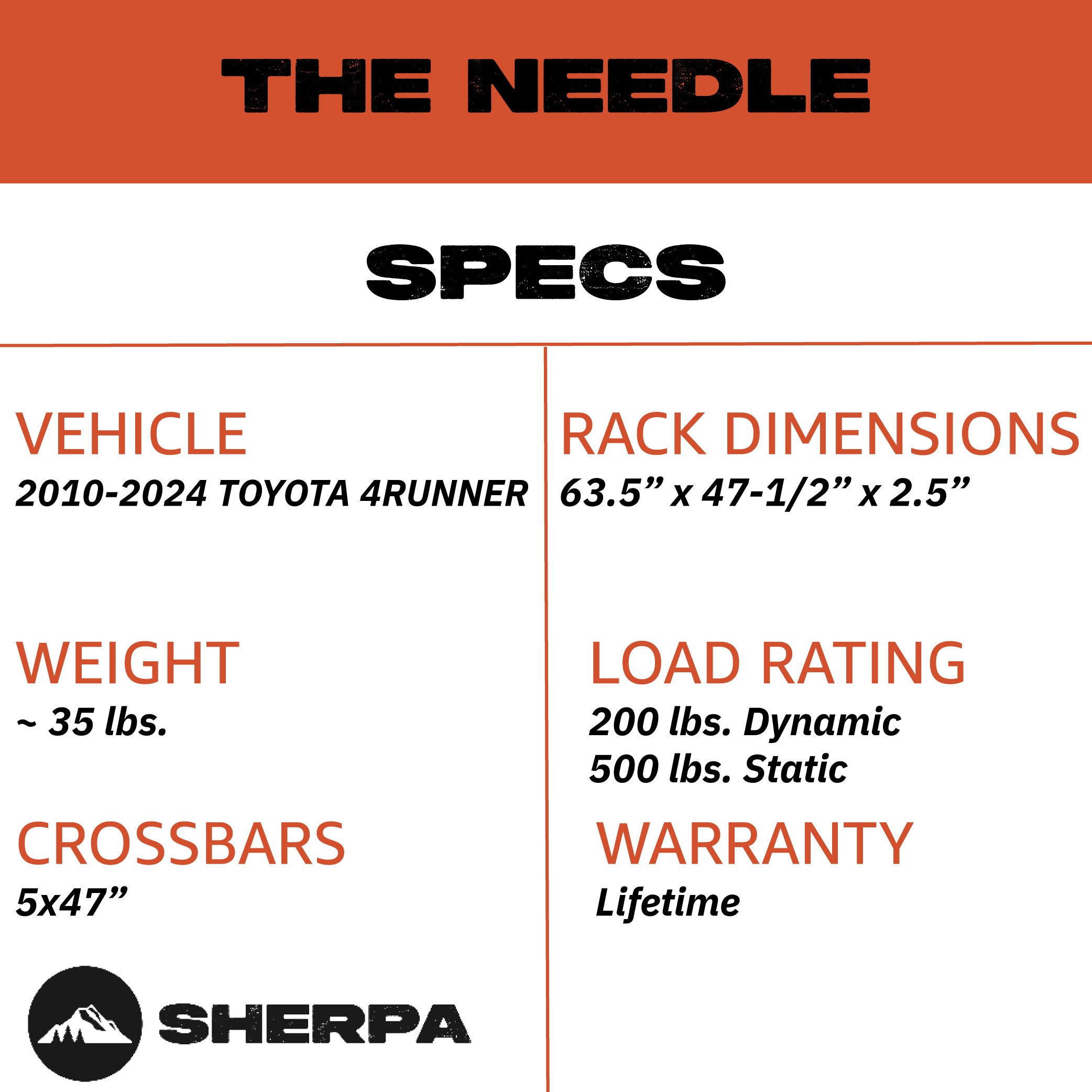 Sherpa - The Needle Half Height/Single Row Light Aluminum Roof Rack with Crossbars Made for 2010-2024 Toyota 4Runner - Drill Free Rack for Tents; Kayaks; Bikes; Skis Made in the USA
