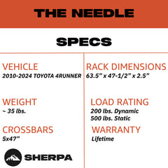 Sherpa - The Needle Half Height/Single Row Light Aluminum Roof Rack with Crossbars Made for 2010-2024 Toyota 4Runner - Drill Free Rack for Tents; Kayaks; Bikes; Skis Made in the USA