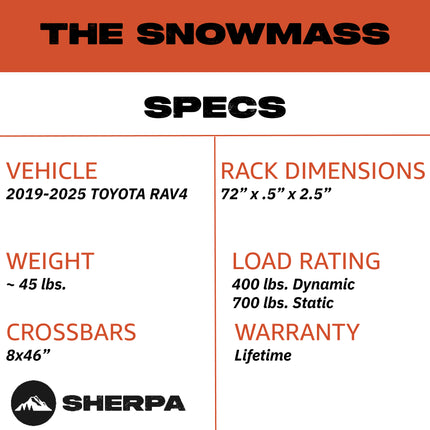 Sherpa -The Snowmass Full Height Aluminum Roof Rack with Crossbars Made for 2019-2025 Toyota RAV4 - Drill Free Rack for Tents; Kayaks; Bikes; Skis Made in the USA