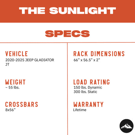 Sherpa - The Sunlight Half Height/Single Row Light Aluminum Roof Rack with Crossbars Made for 2020-2025 Jeep Gladiator JT - Drill Free Rack for Tents; Kayaks; Bikes; Skis Made in the USA