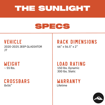 Sherpa -The Sunlight Full Height Aluminum Roof Rack with Crossbars Made for 2020-2025 Jeep Gladiator JT - Drill Free Rack for Tents; Kayaks; Bikes; Skis Made in the USA
