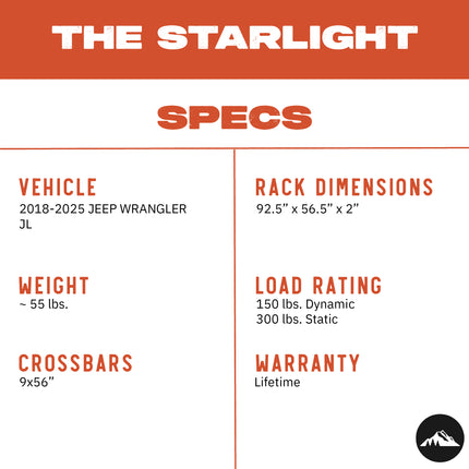Sherpa - The Starlight Half Height/Single Row Light Aluminum Roof Rack with Crossbars Made for 2018-2025 Jeep Wrangler JL - Drill Free Rack for Tents; Kayaks; Bikes; Skis Made in the USA