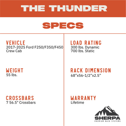 Sherpa 137744 The Thunder Half Height Roof Rack for Ford F250 / F350 / F450 Crew Cab - Full-Length Aluminum, 1/4" Side Panels, Drill-Free No Modification, Black Textured Powder Coat Finish