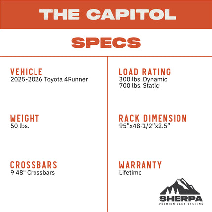 Sherpa 144744 The Capitol Half Height Roof Rack for Toyota 4Runner 6th Gen - Full-Length Aluminum, 1/4" Side Panels, Drill-Free No Modification, Black Textured Powder Coat Finish