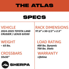 Sherpa - The Atlas Full Height Aluminum Roof Rack with Crossbars Made for 2024-25 Toyota Land Cruiser / Lexus GX550 - Drill Free Rack for Tents; Kayaks; Bikes; Skis Made in the USA
