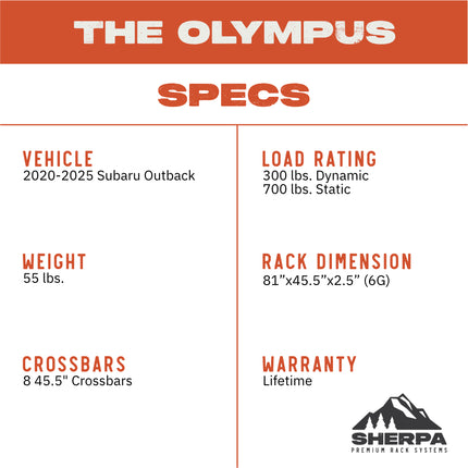 Sherpa 155844 The Olympus Full Height Roof Rack for Subaru Outback - Full-Length Aluminum, 1/4" Side Panels, Drill-Free No Modification, Black Textured Powder Coat Finish