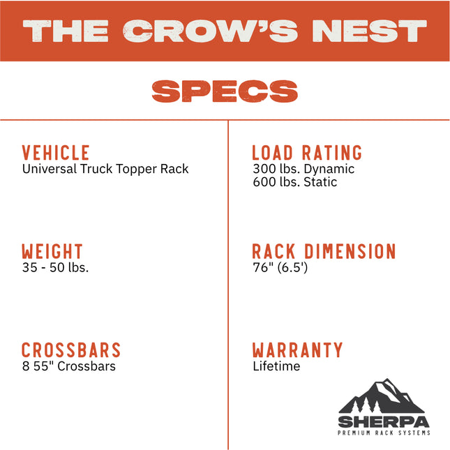 Sherpa 164544 Crows Nest Universal Truck Topper Rack for 6.5ft Bed with 55" Crossbar - 1/4" Aircraft-Grade Aluminum, Drill-Free, Adjustable Feet for Topper Fit