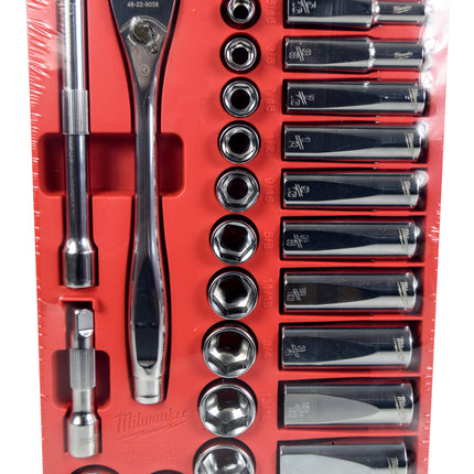 Milwaukee SAE Ratchet Socket Mechanics Tool Set 3/8 in. Low Profile Packout Case