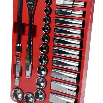 Milwaukee SAE Ratchet Socket Mechanics Tool Set 3/8 in. Low Profile Packout Case
