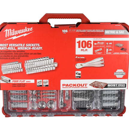 Milwaukee 48-22-9486 106-Piece 1/4 in. and 3/8 in. Drive SAE and Metric Ratchet and Socket Mechanics Tool Set with PACKOUT Low-Profile Organizer, 90-Tooth Ratchet, FOUR FLAT Sockets, IP65-Rated Case