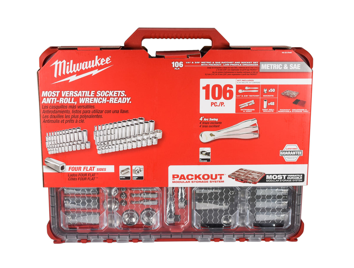 Milwaukee 48-22-9486 106-Piece 1/4 in. and 3/8 in. Drive SAE and Metric Ratchet and Socket Mechanics Tool Set with PACKOUT Low-Profile Organizer, 90-Tooth Ratchet, FOUR FLAT Sockets, IP65-Rated Case