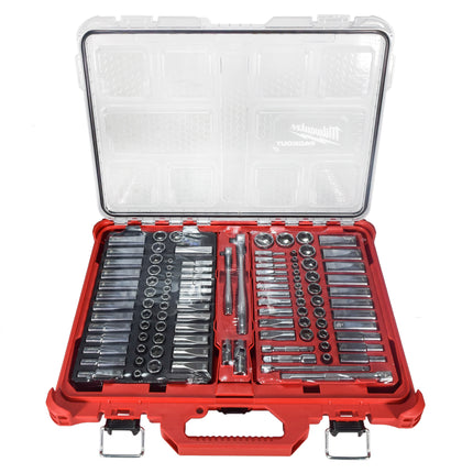 Milwaukee 48-22-9486 106-Piece 1/4 in. and 3/8 in. Drive SAE and Metric Ratchet and Socket Mechanics Tool Set with PACKOUT Low-Profile Organizer, 90-Tooth Ratchet, FOUR FLAT Sockets, IP65-Rated Case