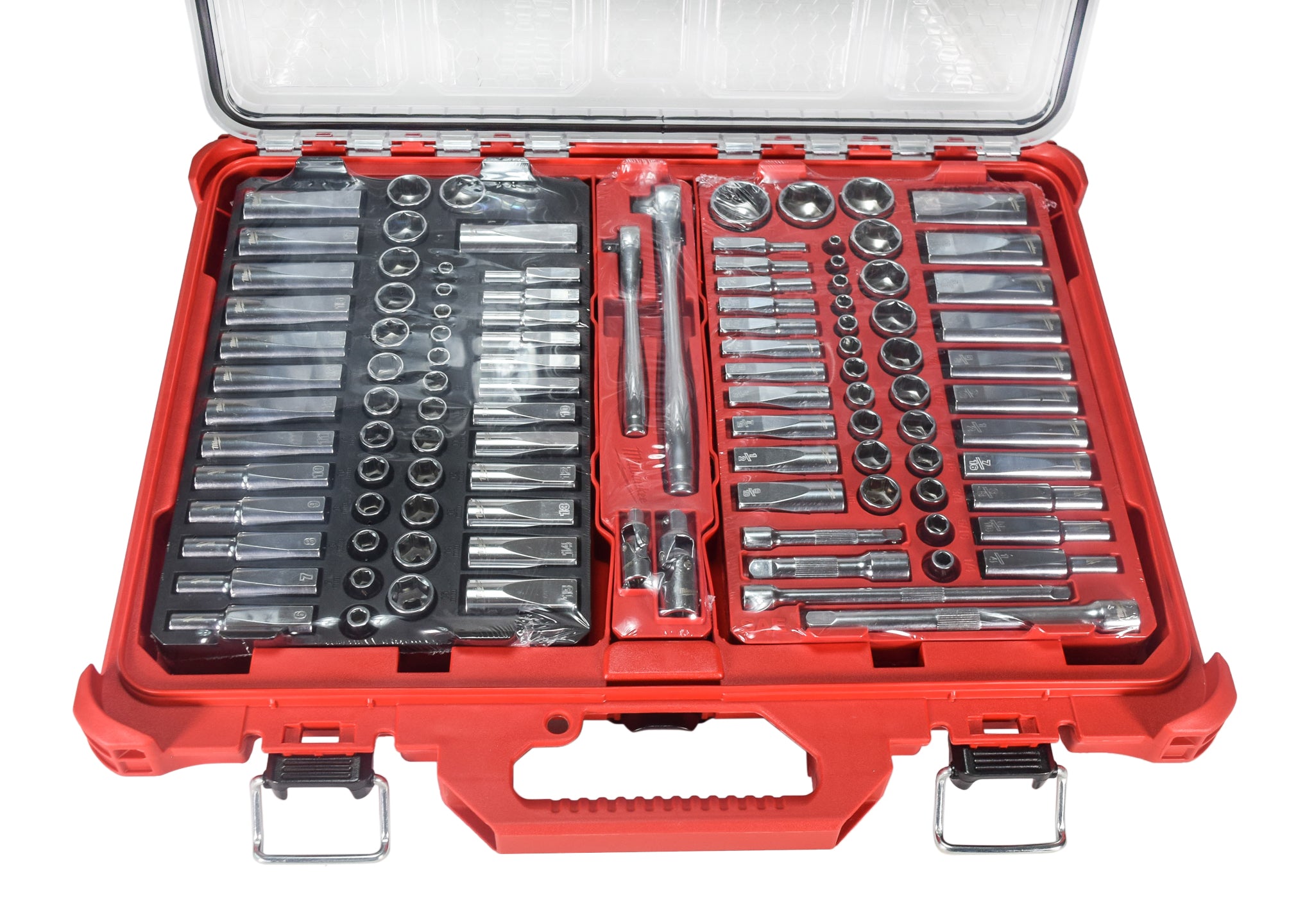 Milwaukee 48-22-9486 106-Piece 1/4 in. and 3/8 in. Drive SAE and Metric Ratchet and Socket Mechanics Tool Set with PACKOUT Low-Profile Organizer, 90-Tooth Ratchet, FOUR FLAT Sockets, IP65-Rated Case