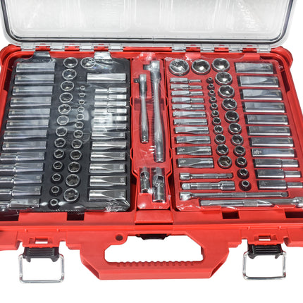 Milwaukee 48-22-9486 106-Piece 1/4 in. and 3/8 in. Drive SAE and Metric Ratchet and Socket Mechanics Tool Set with PACKOUT Low-Profile Organizer, 90-Tooth Ratchet, FOUR FLAT Sockets, IP65-Rated Case