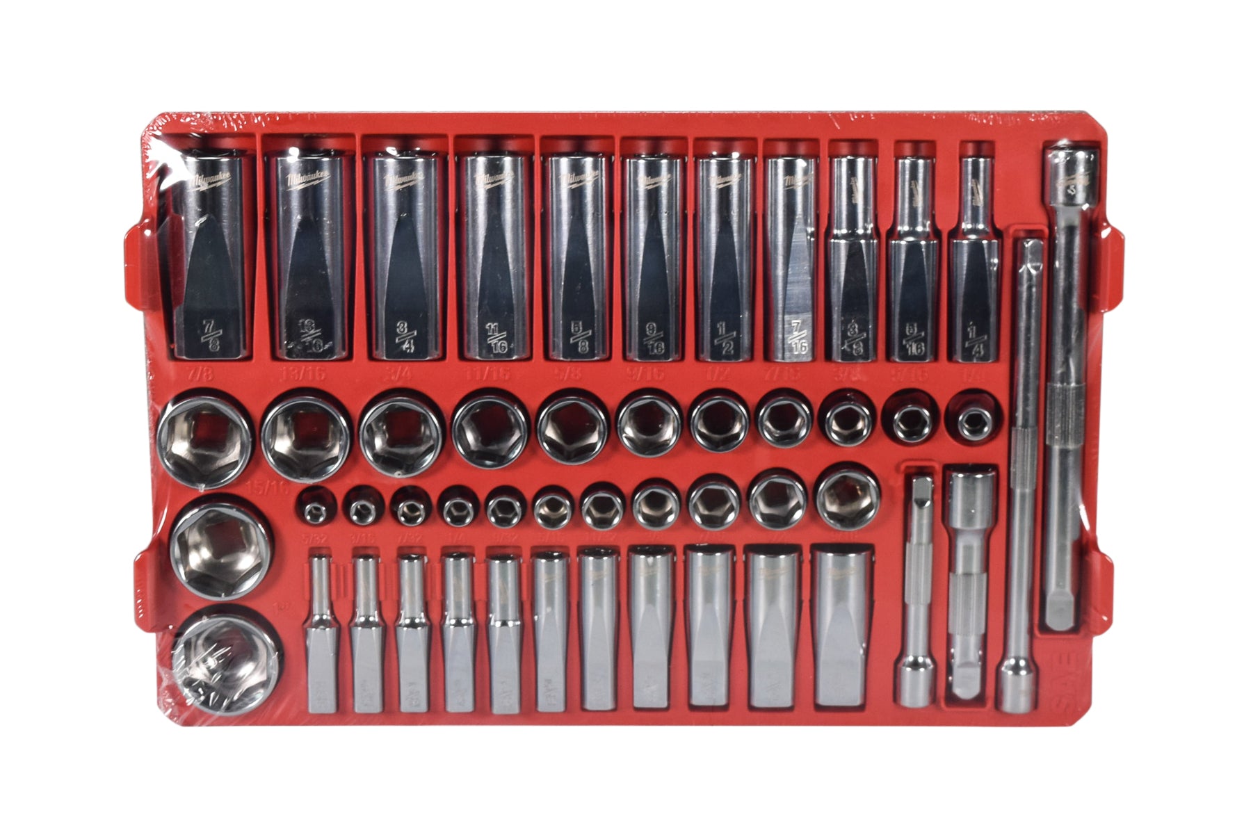 Milwaukee 48-22-9486 106-Piece 1/4 in. and 3/8 in. Drive SAE and Metric Ratchet and Socket Mechanics Tool Set with PACKOUT Low-Profile Organizer, 90-Tooth Ratchet, FOUR FLAT Sockets, IP65-Rated Case