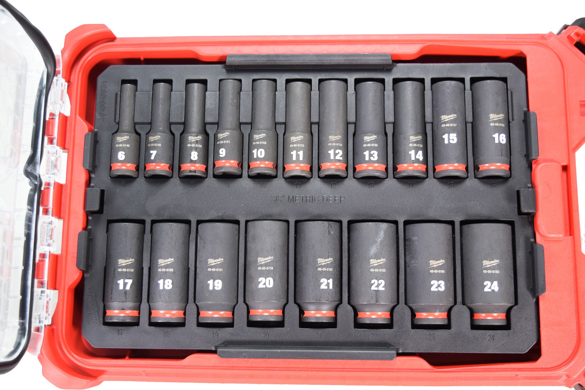 Milwaukee 49-66-6801 SHOCKWAVE Impact-Duty 3/8 in. Drive Metric Deep Well Impact PACKOUT Socket Set (19-Piece)