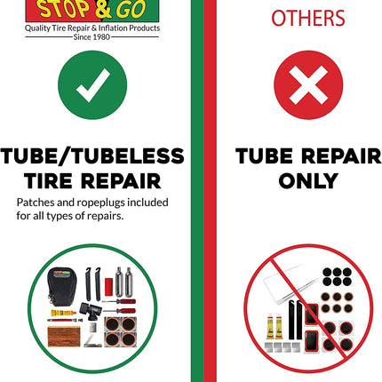 Stop & Go 100 27 Piece Bicycle Repair & Inflation Kit for Tubeless and Tube-Type Tires Works on BMX, XC, Mountain, Road, Gravel, & E-Bikes (4 Patches & 10 Rope Plugs)