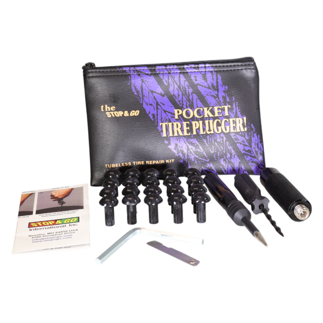 Stop & Go 1081 28 Piece Tubeless Mushroom Plug Tire Repair Kit with 20 Mushroom Plugs, Insertion Gun, Reamer, Rubber Cement, and Laminated Instructions for Motorcycles, ATVs, UTVs, and Cars