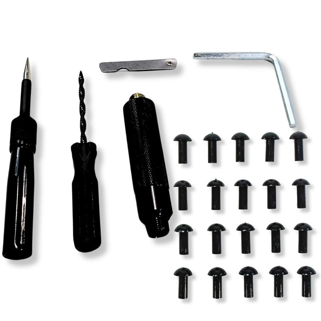 Stop & Go 1081 28 Piece Tubeless Mushroom Plug Tire Repair Kit with 20 Mushroom Plugs, Insertion Gun, Reamer, Rubber Cement, and Laminated Instructions for Motorcycles, ATVs, UTVs, and Cars