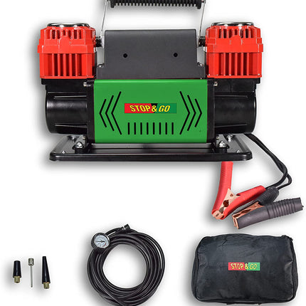 Stop & Go 2100 Portable 1.5 HP 12 Volt Dual Piston Air Compressor with 26ft Hose, Alligator Clips, Adapter Nozzles, and Carrying Bag for Cars, Motorcycles, ATVs, UTVs, Jeeps, Trucks, and Tractors