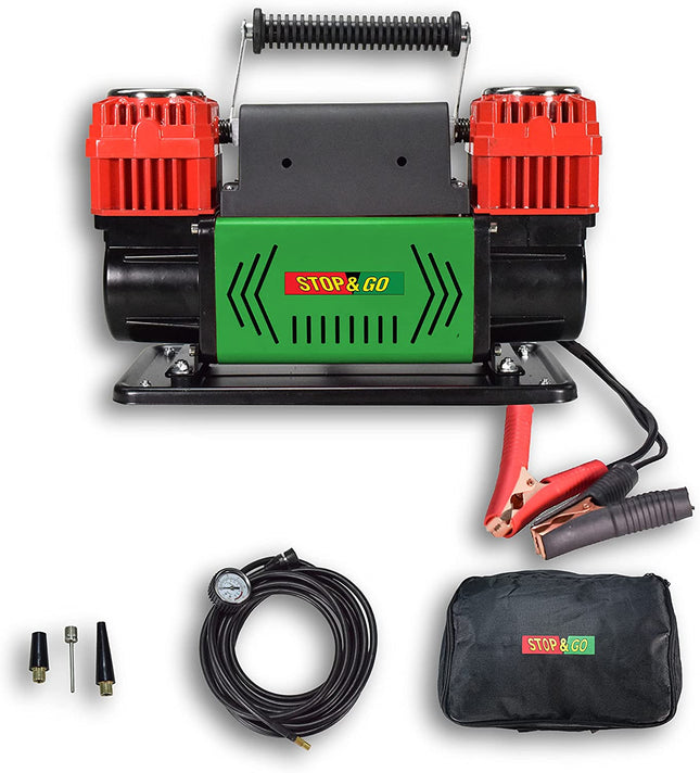 Stop & Go 2100 Portable 1.5 HP 12 Volt Dual Piston Air Compressor with 26ft Hose, Alligator Clips, Adapter Nozzles, and Carrying Bag for Cars, Motorcycles, ATVs, UTVs, Jeeps, Trucks, and Tractors