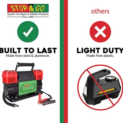 Stop & Go 2100 Portable 1.5 HP 12 Volt Dual Piston Air Compressor with 26ft Hose, Alligator Clips, Adapter Nozzles, and Carrying Bag for Cars, Motorcycles, ATVs, UTVs, Jeeps, Trucks, and Tractors