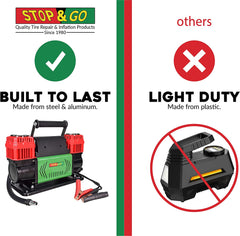 Stop & Go 2100 Portable 1.5 HP 12 Volt Dual Piston Air Compressor with 26ft Hose, Alligator Clips, Adapter Nozzles, and Carrying Bag for Cars, Motorcycles, ATVs, UTVs, Jeeps, Trucks, and Tractors