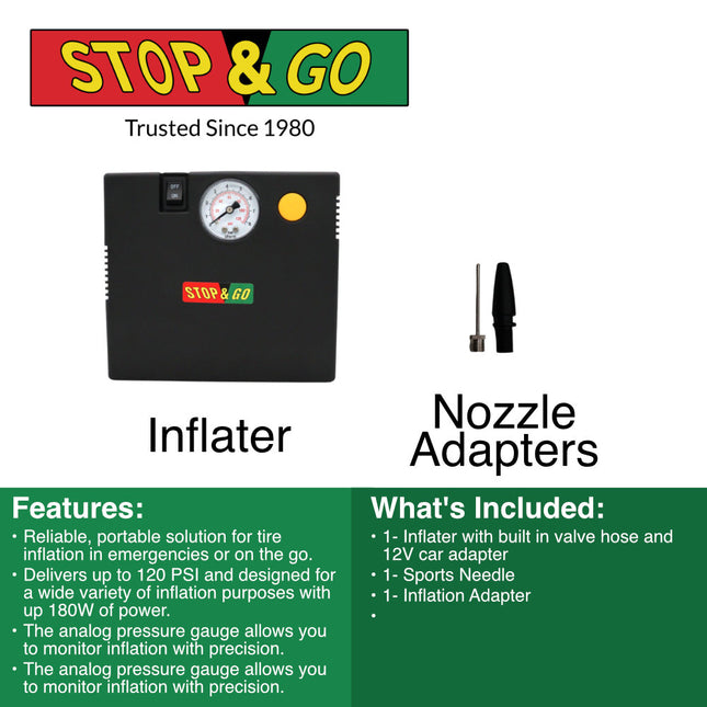 Stop & Go RCP-A37B Air Compressor / Inflater with 12V Car Adapter & Built in LED Light for Automotive, Motorcycle, Scooter, ATV, UTV, Golf Cart, Lawn Mower, or Other Inflation Purposes