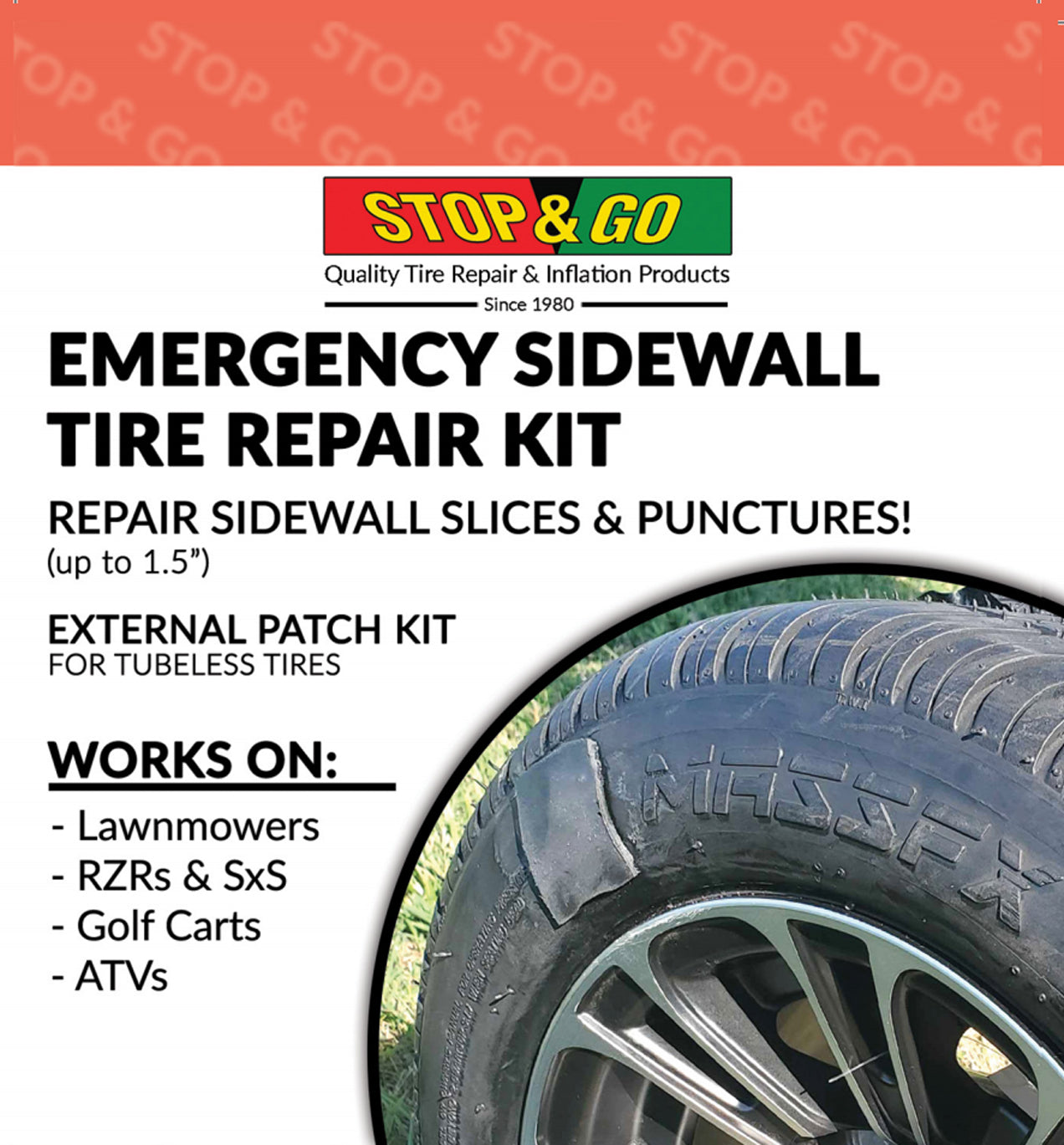 Stop & Go SW1000 14 Piece Emergency External Sidewall Tubeless Tire Repair Kit for Punctures on ATV, UTV, Trailer, Lawnmower, RZRs, Side by Side, & Golf Cart (7 Patches)