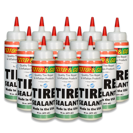 Stop & Go Tire Sealant Premium Flat Preventative  Made in The USA (16 oz) 12 Pack - Prevents Flats & Repairs Punctures for Tube or Tubeless Tires on Bikes, ATVs, Cars, and More