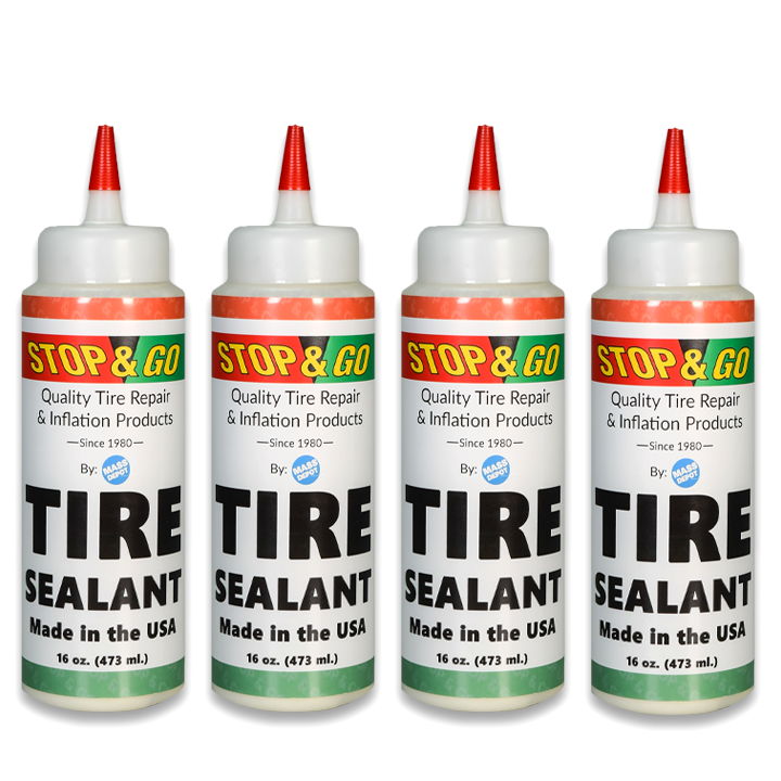 Stop & Go Tire Sealant Premium Flat Preventative  Made in The USA (16 oz) 4 Pack - Prevents Flats & Repairs Punctures for Tube or Tubeless Tires on Bikes, ATVs, Cars, and More