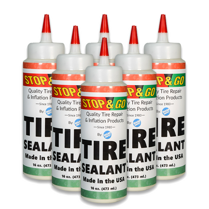 Stop & Go Tire Sealant Premium Flat Preventative  Made in The USA (16 oz) 6 Pack - Prevents Flats & Repairs Punctures for Tube or Tubeless Tires on Bikes, ATVs, Cars, and More