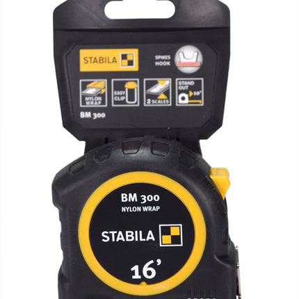 Stabila 30516 BM 300 Imperial Scale 16 Feet Pocket Tape Measure - Shatterproof PC/ABS Housing, NYLON-WRAP Blade, SPIKES Hook, Double-Sided Scale
