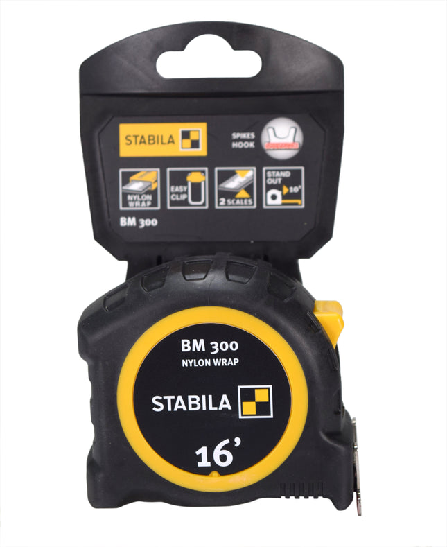 Stabila 30516 BM 300 Imperial Scale 16 Feet Pocket Tape Measure - Shatterproof PC/ABS Housing, NYLON-WRAP Blade, SPIKES Hook, Double-Sided Scale