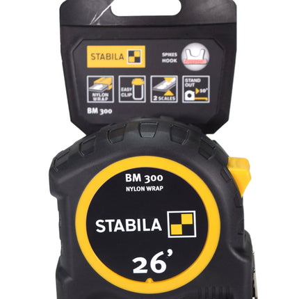 Stabila 30526 BM 300 26‑Foot Imperial Tape Measure with Shatterproof Housing, Dual‑Sided Blade, Nylon‑Wrap Coating, SPIKES Hook, and Easy‑Clip for Professional Jobsite Measuring