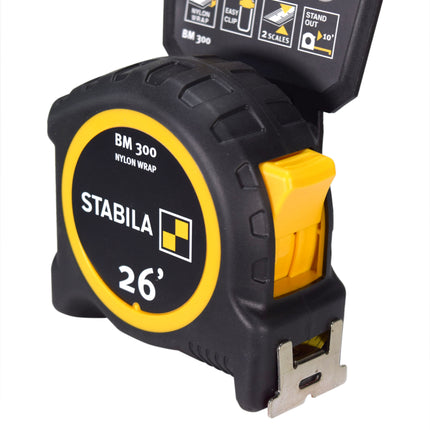 Stabila 30526 BM 300 26‑Foot Imperial Tape Measure with Shatterproof Housing, Dual‑Sided Blade, Nylon‑Wrap Coating, SPIKES Hook, and Easy‑Clip for Professional Jobsite Measuring