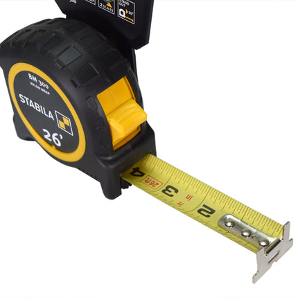 Stabila 30526 BM 300 26‑Foot Imperial Tape Measure with Shatterproof Housing, Dual‑Sided Blade, Nylon‑Wrap Coating, SPIKES Hook, and Easy‑Clip for Professional Jobsite Measuring