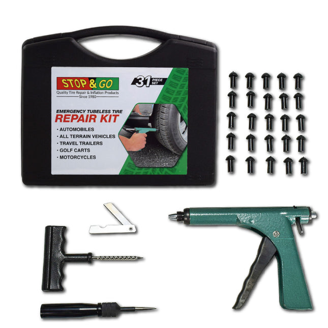 Stop & Go 1085 31 Piece Deluxe Tubeless Tire Plugger Repair Kit Punctures and Flats on Car, Motorcycle, ATV, Jeep, Truck, & Tractor plug (25 Mushroom Plugs)