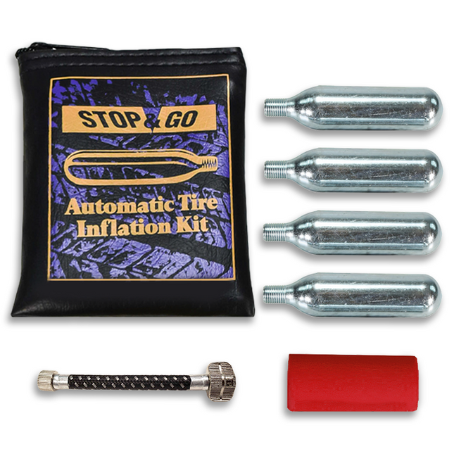 Stop & Go 1090 Motorcycle, ATV, Lawn Mower Tire Inflation Kit with (4 Pack) CO2 Cartridges, Hose and Storage Bag