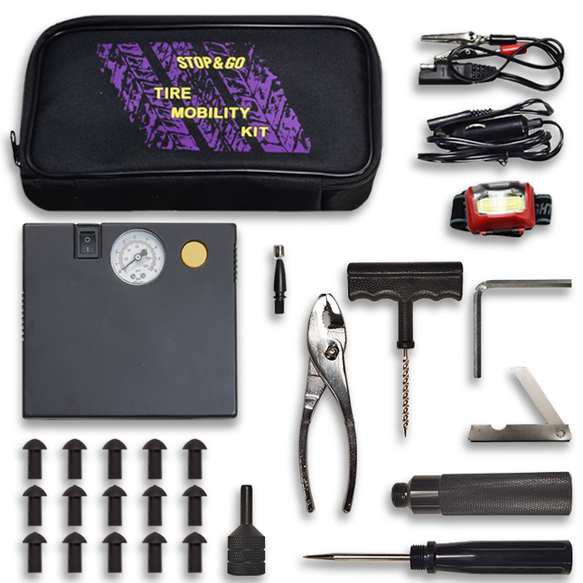 Stop & Go 5001 24 Piece Tubeless Mushroom Plug Tire Mobility Repair Kit & Air Compressor for Punctures & Flats on Car, Trucks, Trailers, & ATV (15 Plugs)