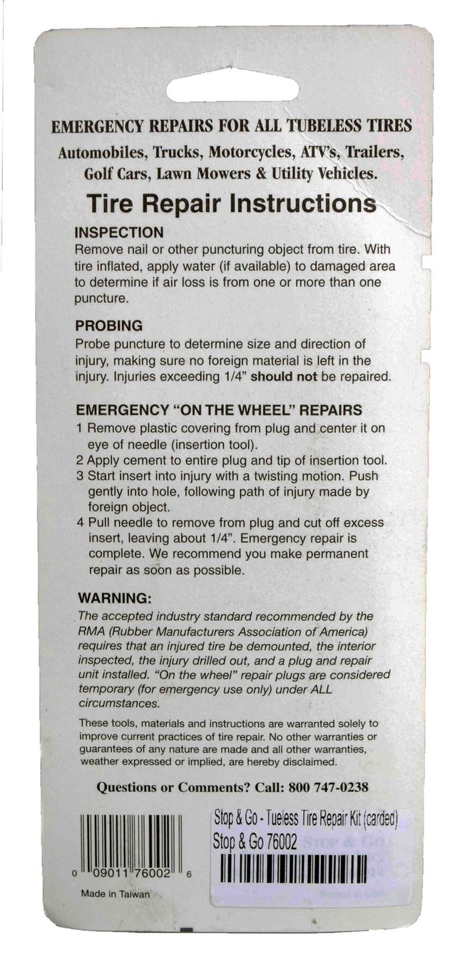 Stop & Go 76002 - Tubeless Tire Repair Kit w/Rubber Cement
