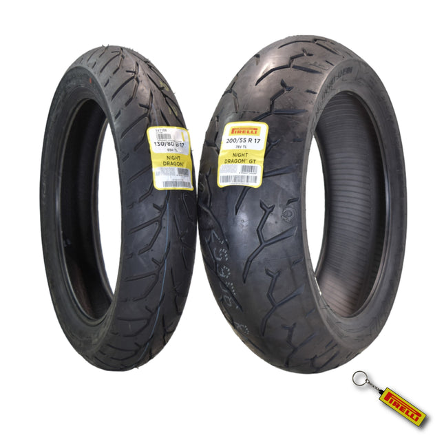 Pirelli Night Dragon Tire Set: 130/80B17 M/C 65H TL Front & 200/55R17 M/C 78V TL Rear Cruiser Motorcycle Tires - Superior Traction & Handling for High-Performance Cruisers with Keychain