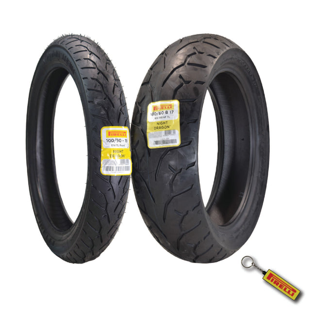 Pirelli Night Dragon 100/90-19 180/60B17 Front Rear Motorcycle Tires Set w/Keychain